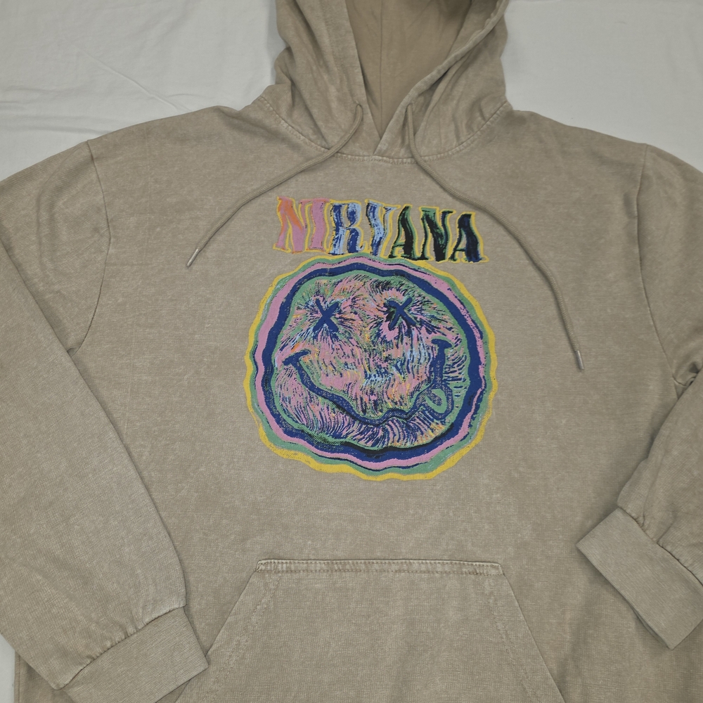 Nirvana  Smiley Face Mineral Washed Tan Hoodie for Men or Women Sz L